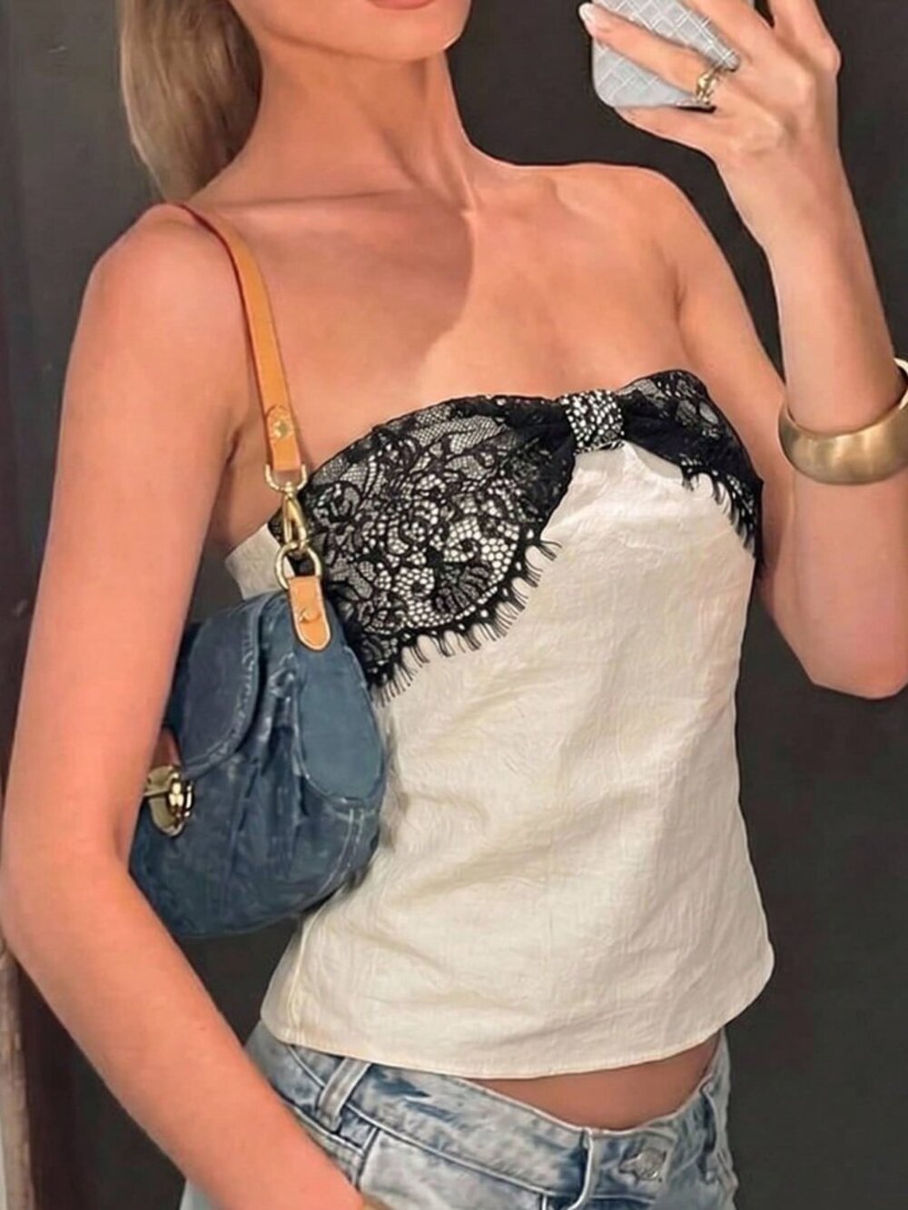 Apricot Casual Women's Pure Cotton French Patchwork Lace Strapless Camisole